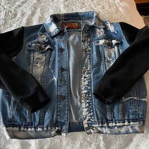 Stylish Blue Denim Jean Jacket with Black Sleeves